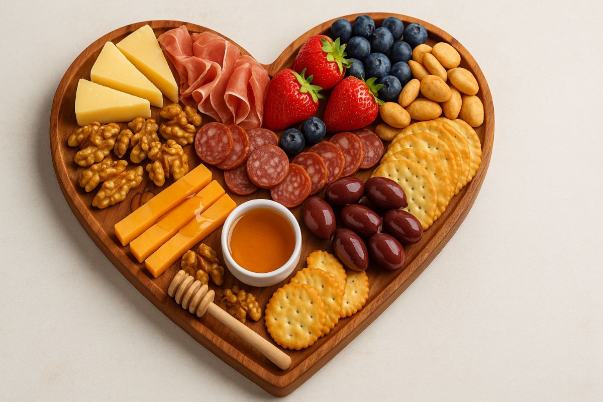Heart-shaped charcuterie board with cheese and fruits