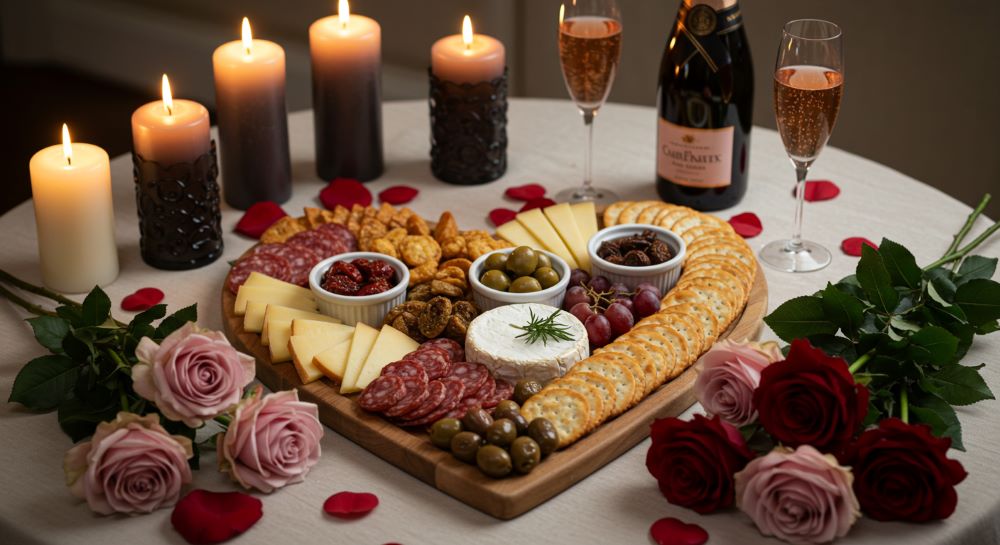 Romantic heart-shaped charcuterie board with wine and roses